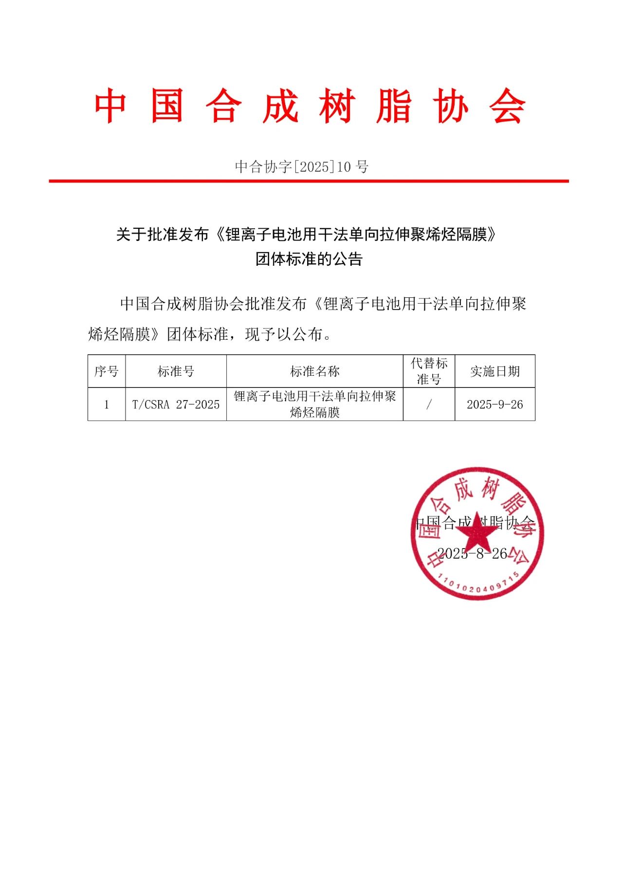 團體標準 | 關于批準公布《鋰離子電池用干法單向拉伸聚烯烴隔膜》的公告